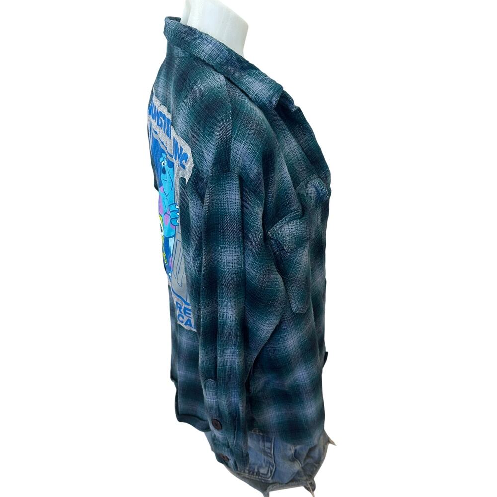 Monsters Inc Flannel Plaid Shirt MEDIUM Oversized Unique Upcycled Sully Mike - Picture 3 of 6